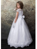 Beaded White Lace Tulle Flower Girl Dress With Scalloped Edge